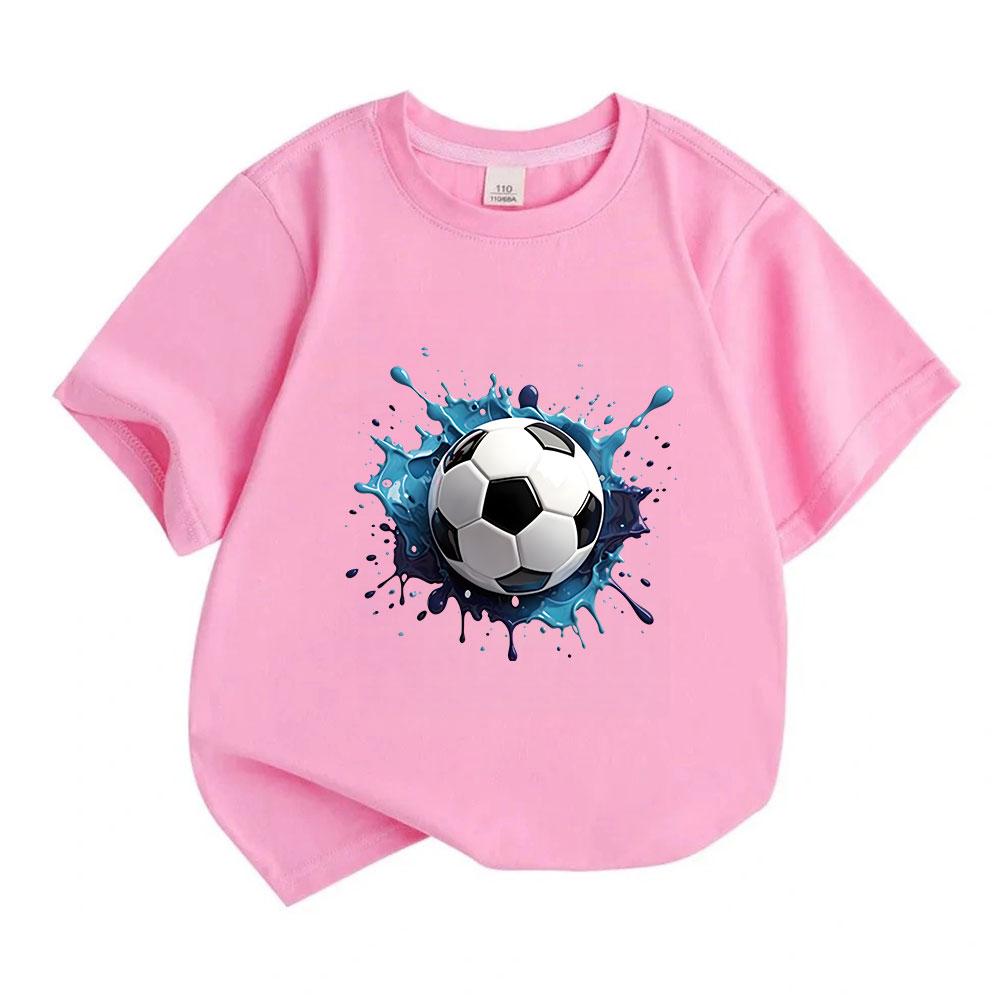 Kids Boys Girls 100% Cotton Crew Neck Short Sleeve T-Shirt, Classic Soccer Ball Blue Ink Splash Pattern Casual Soft Breathable Tee for Daily Outdoor S