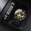 Fashion Men's Casual Business PU Leather Strap Quartz Wrist Watch & Bracelet Set, Ideal Choice for Gifts