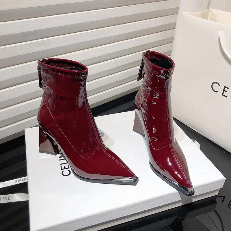 Дизайнерские винтажные женские ботильоны с острым носком, модные высокие каблуки, короткие ботильоны, осенне-зимняя женская обувь