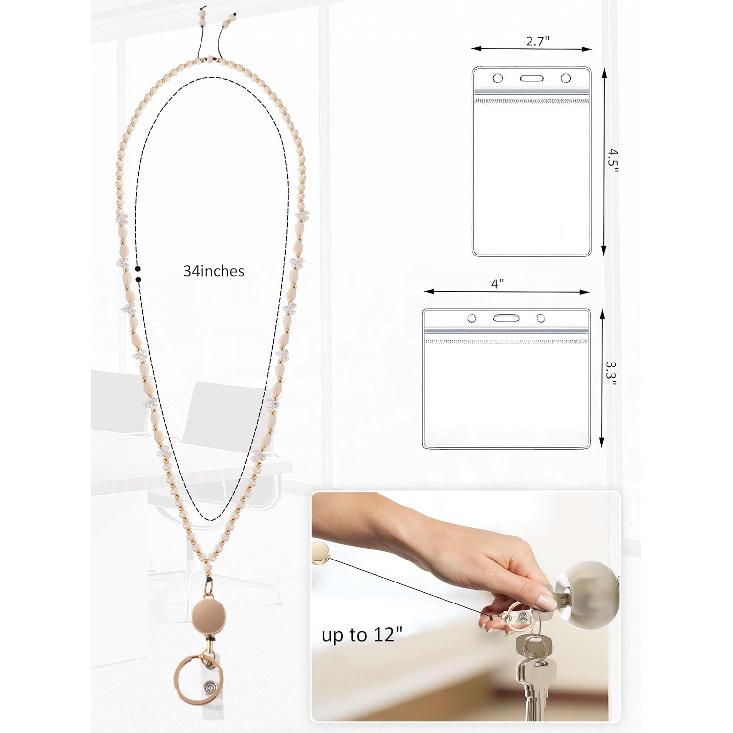 Retractable Lanyards for ID Badges and Keys, Beaded Lanyards for Women Cream Crystal, Cute Teacher Lanyard Apricot Pink