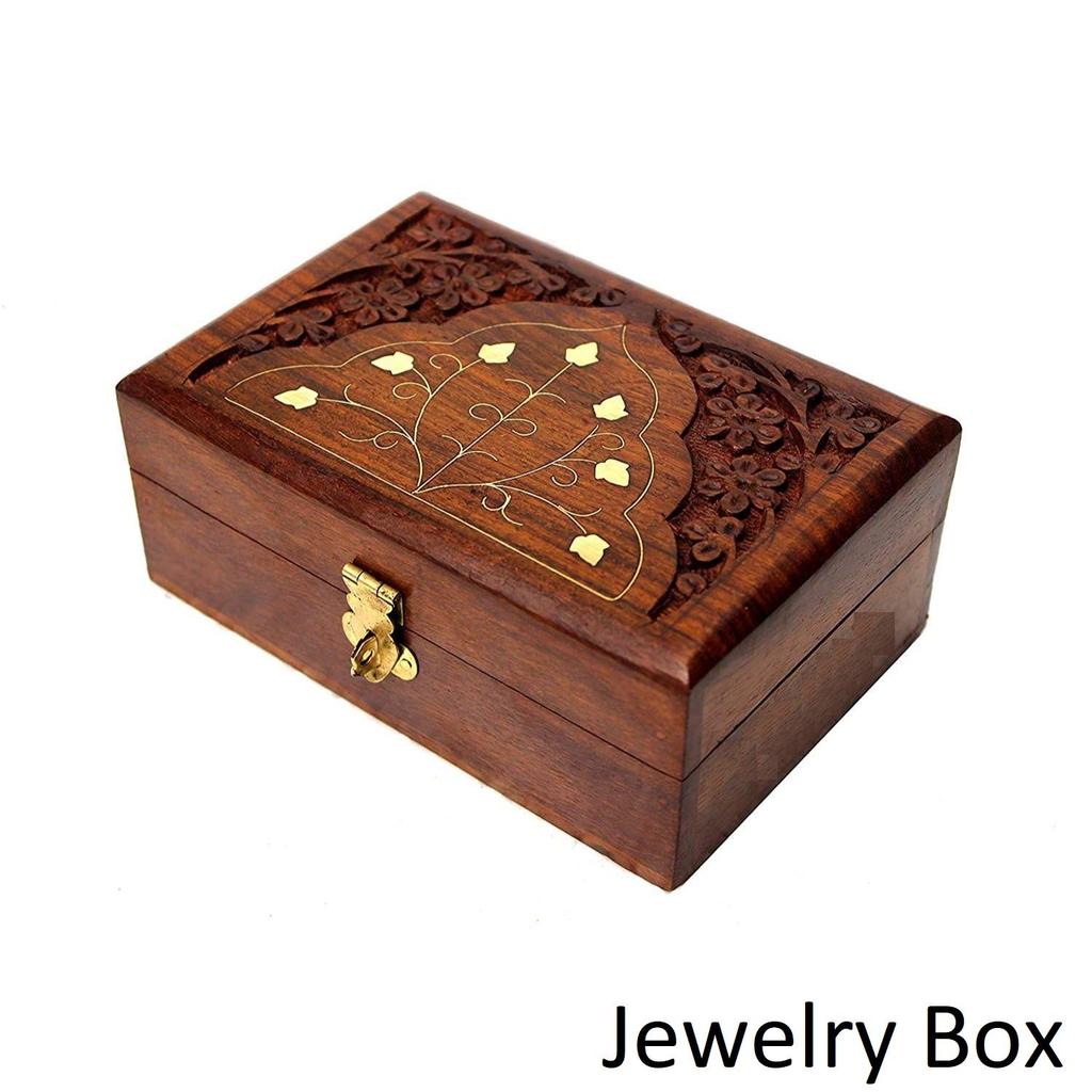 Handmade Wooden Jewelry Box for Women Wood Jewel Organizer Hand Carved with Intricate Carvings Gift Items - 6 Inches (Brown)