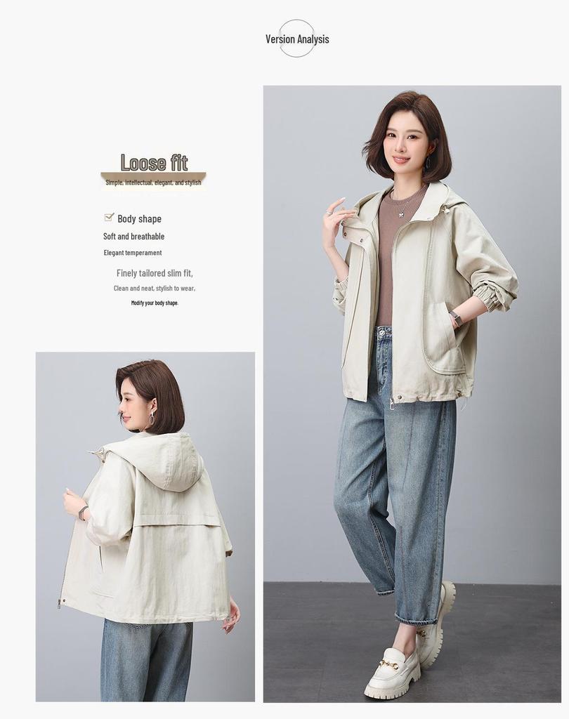Женская куртка с капюшоном на весну и осень 2024 года: Модный, Повседневный, Свободный крой для среднего и пожилого возраста
