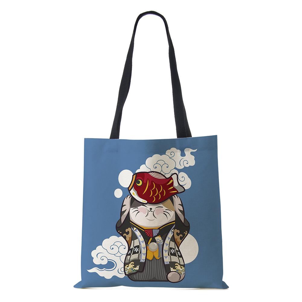Cat Cartoon Shoulder Bag 2022 Japanese Shopping Reusable Canvas Tote Bag Women High Capacity Simple Casual Folding Handbag KTY