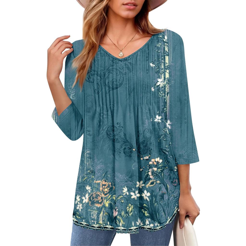 Женские топы с V-образным вырезом и рукавом три четверти в полоску, плиссированные, повседневные, летние, модные, рубашки