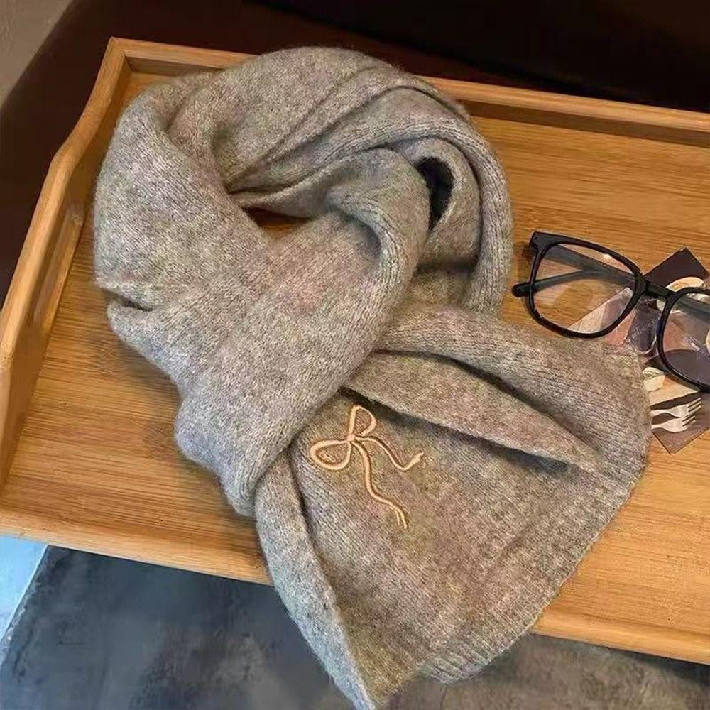 Bow Embroidered Neck Warmer Thicken Knitted Scarf Soft Shawl Outdoor