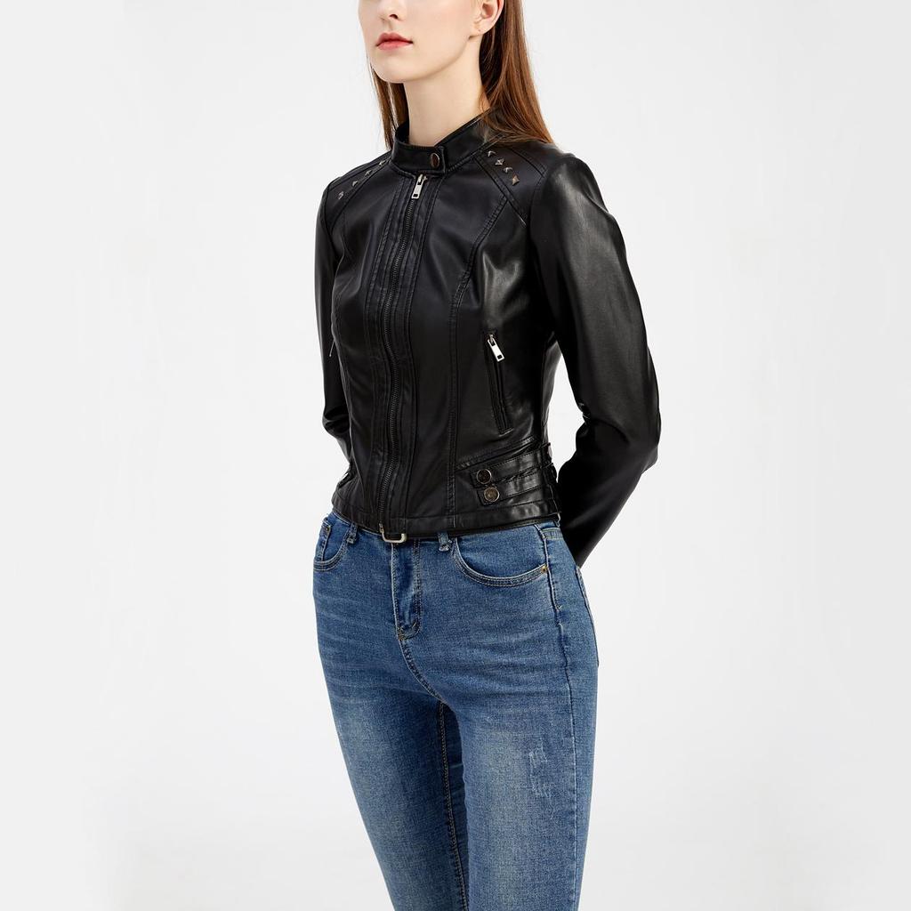 Women Faux Leather Jacket Cropped Zip Up Motorcycle Short PU Moto Biker Outwear Fitted Slim Coat with Pockets Stylish Rivets Punk Rock Fashion Blazer