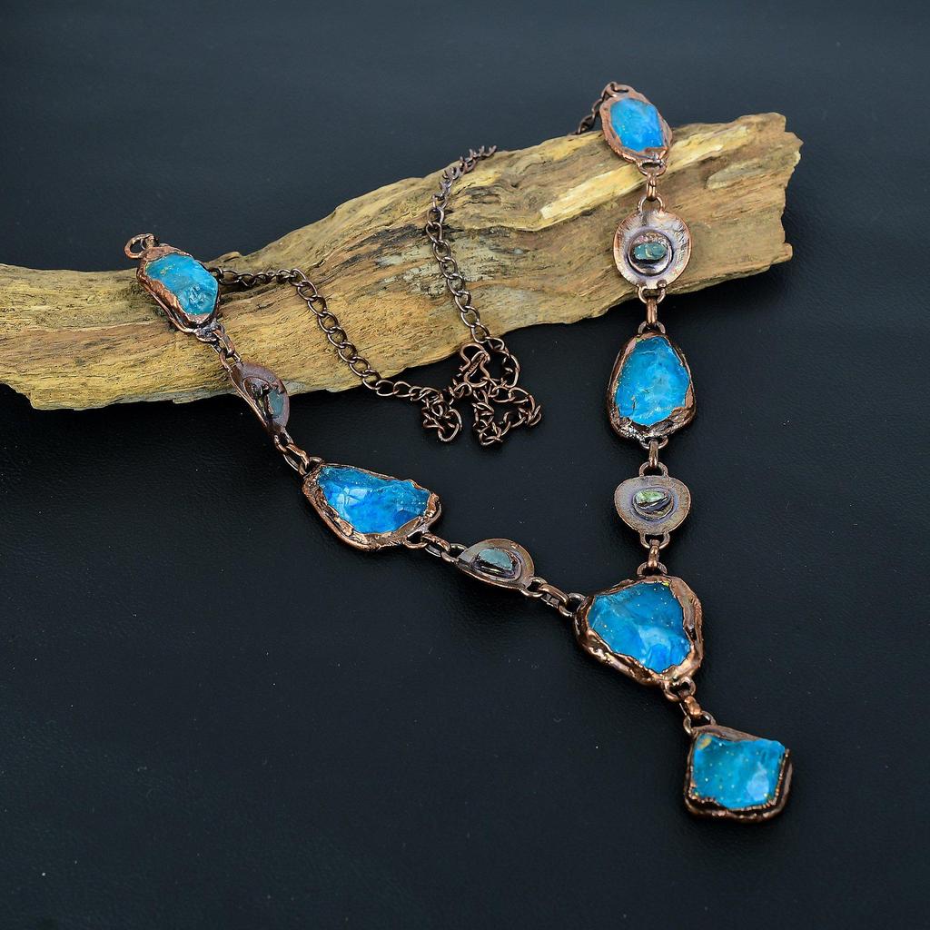 Neon Blue Apatite & Peridot Handmade Gemstone Necklace, Copper Electroformed Necklace Antique Jewelry, Adjustable Necklace Engagement Gift