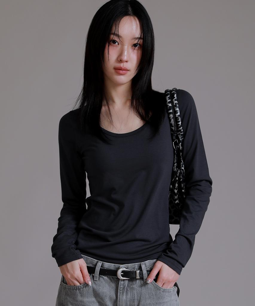 LIKE THE MOST U Round Basic Long Sleeve T-Shirt_Charcoal