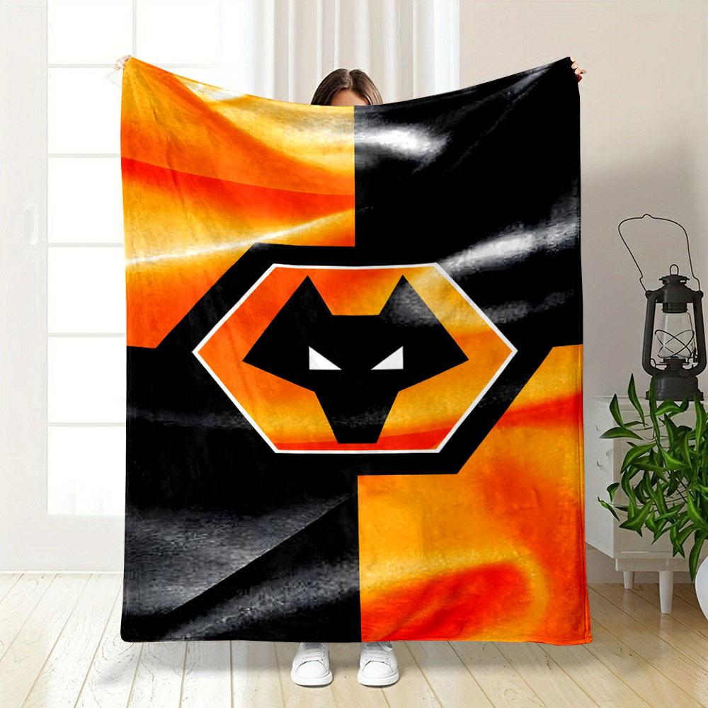 Wolf Logo with Orange and Black Theme Patterned blanket, flannel, suitable for all seasons, home decor, warm and cozy