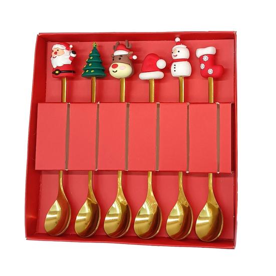 Набор рождественских ложек из нержавеющей стали, тематика «Елка, Санта, Звезда», ложки для перемешивания кофе, праздничная кухонная утварь с подарочной коробкой