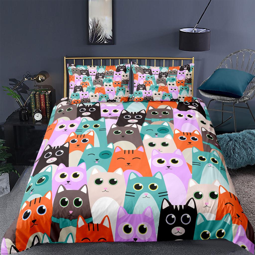 Cat Duvet Cover Polyester Pattern With Hipster Playful Feline Characters, Decorative 3 Piece Twin Bedding Set With 2 Pillow Sham
