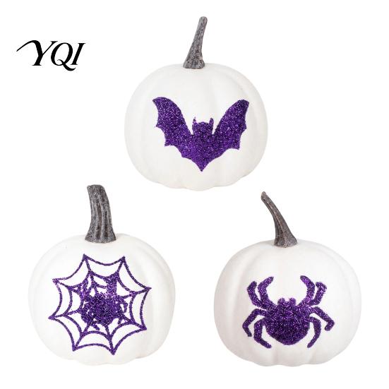 Small Decorative Pumpkins Halloween Foam Pumpkin Decoration, Purple Glitter Spider Web White Decorations Decor, Mini Artificial for Holiday Party