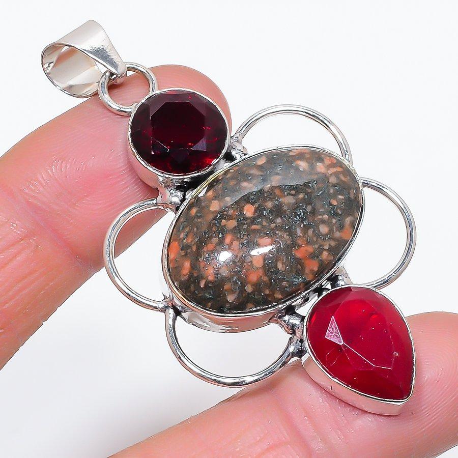 Океанический Яшма, Нефрит Ручной Работы Ювелирная Подвеска из Серебра 925 пробы 2,60" M2P74