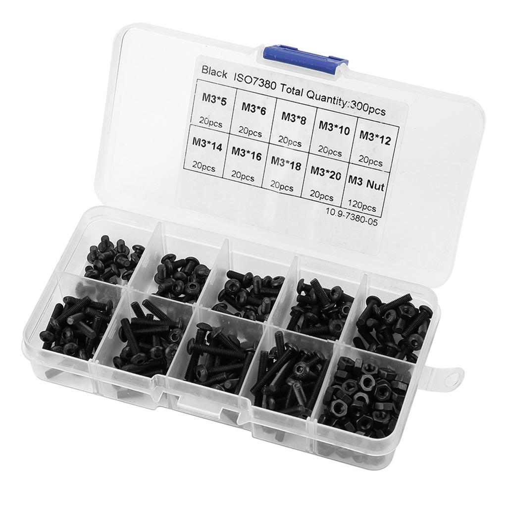 Набор из 300 штук M3 Черный Класс прочности 10.9 Винт с шестигранным углублением под ключ с полукруглой головкой Болт Гайка
