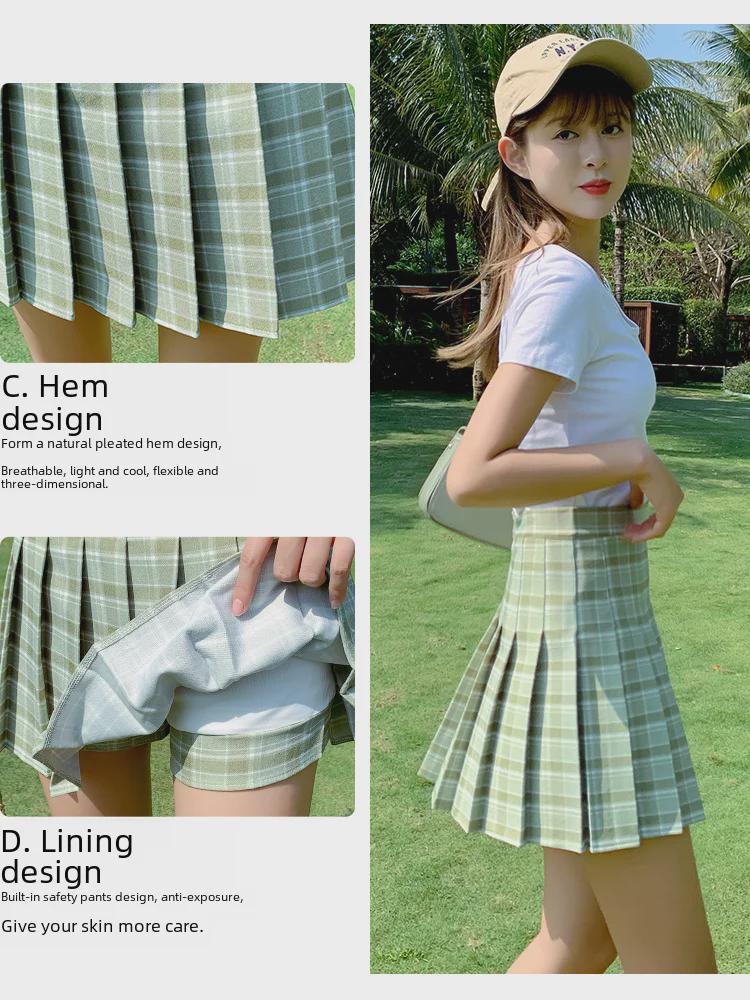 2025 Женская юбка-трапеция в клетку с высокой талией в корейском стиле в складку - летняя короткая юбка-солнцезащита