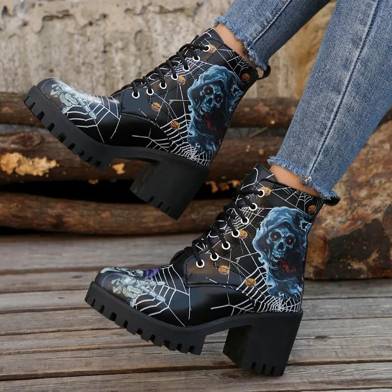 2024 High Quality Shoes Female Lace Up Women's Boots Autumn Round Toe Mixed Colors Short Barrel Chunky Heels Fashion Boots