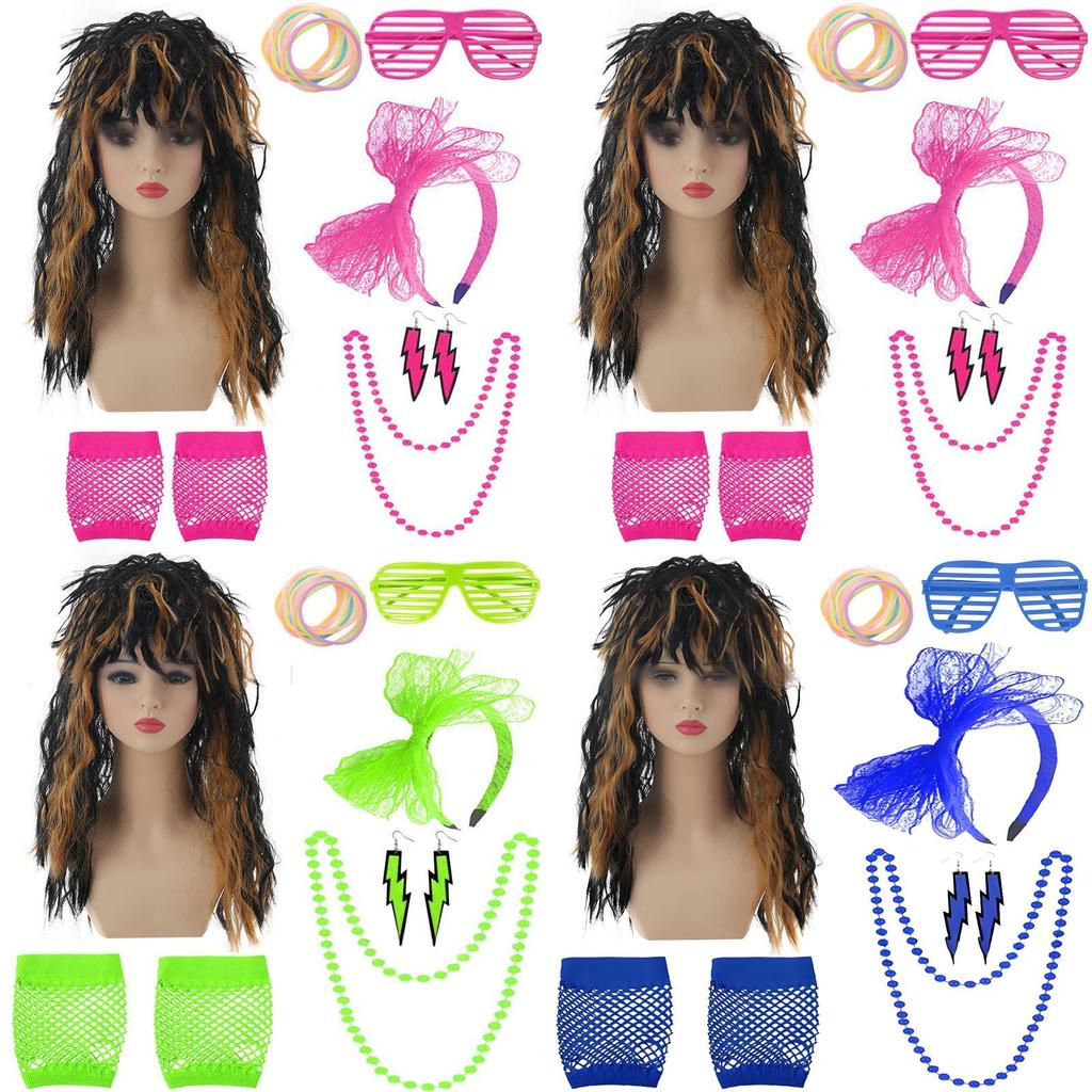 Vibrant Punk Rock Wig Set For Unisex Complete With Colorful Accessories For Nostalgic Style