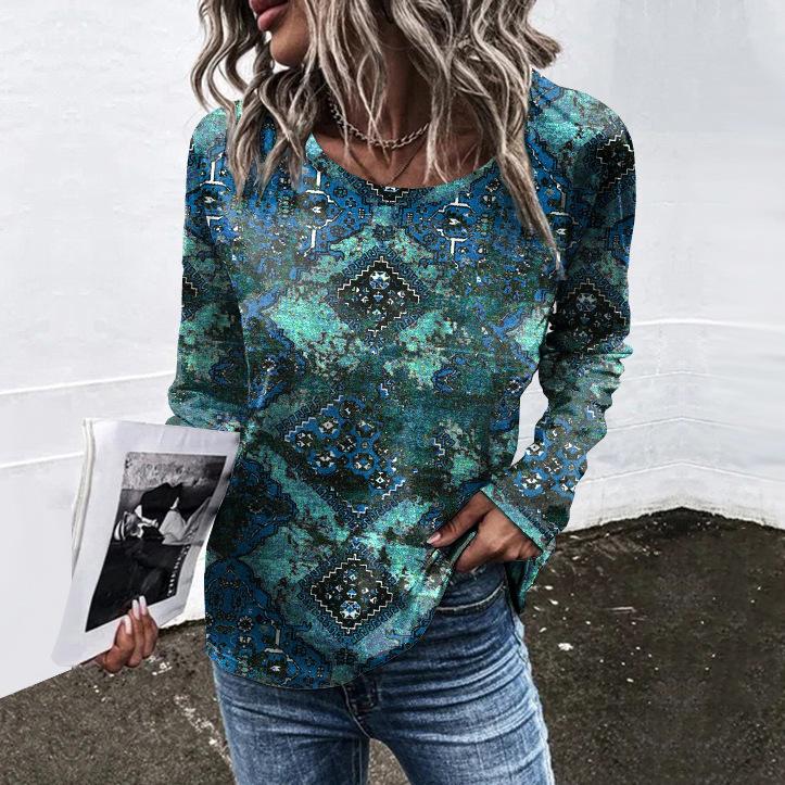 Весенне-осенний топ с круглым вырезом, цветочным узором и 3D-принтом, модный, повседневный, в стиле ретро, с длинными рукавами, женские футболки