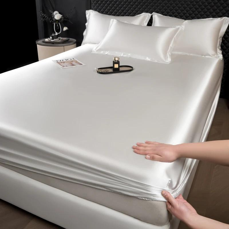 1 шт. Сатин Эластичная Натяжная Простыня Однотонный Чехол на Матрас для Односпальной Двуспальной Двуспальной Кровати King Queen Full Twin Простыня Сатин Постельное Белье