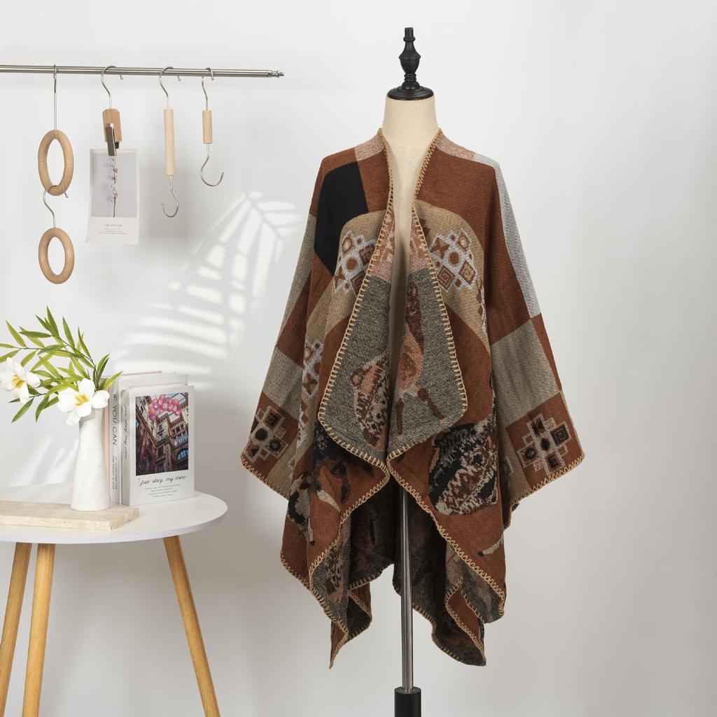 Этнический стиль Принтованная шаль Имитация кашемира Кейп с разрезами Теплый шарф Куртка Ретро Литературный Большая шаль Женская