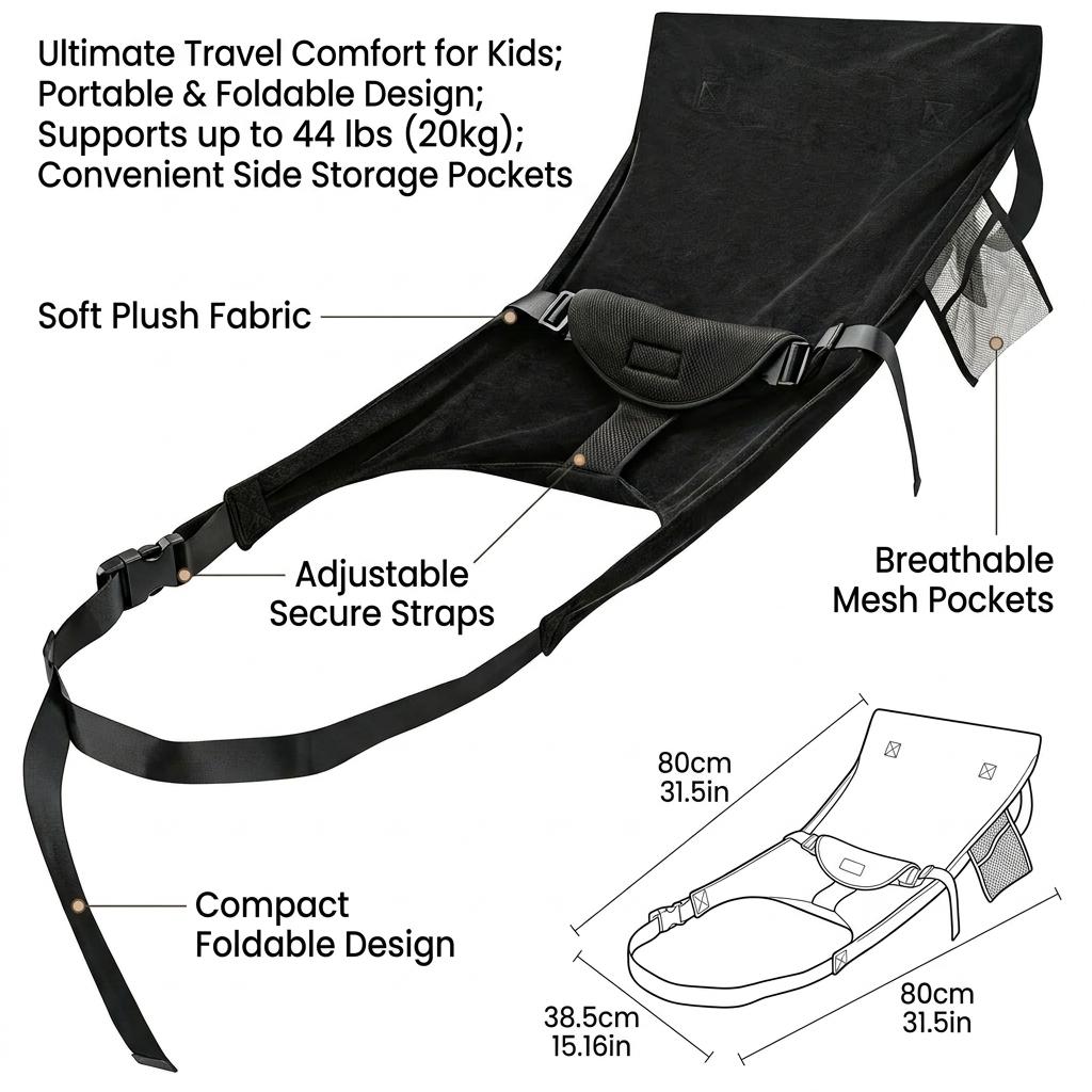 Kids Airplane Seat Extender Portable Toddler Travel Bed Footrest Foldable Flight Essentials for Baby