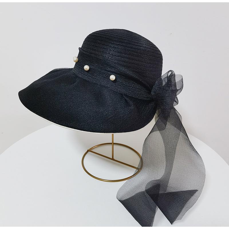 Big brim sun hat women's summer new pearl mesh temperament color glue bucket hat women's UV protection sun protection hat
