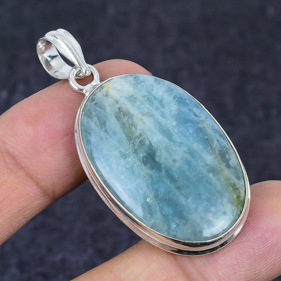 Aquamarine Gemstone Handmade 925 Sterling Silver Jewelry Pendant 2.01" B6w74