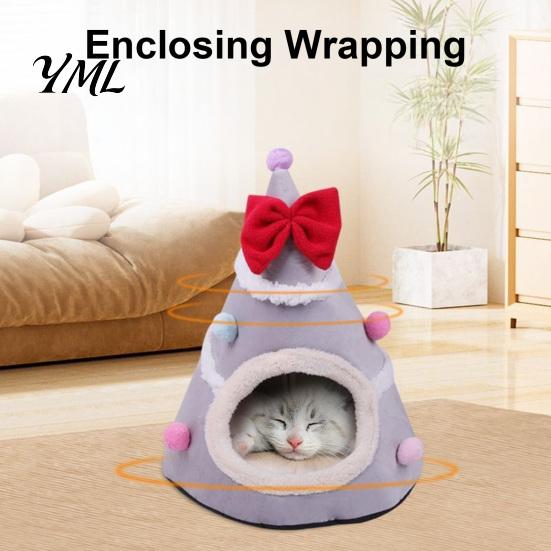 Warm Sleeping Bed for Cats Christmas Tree Cat Bed, Plush Cave with Removable Cushion, Non-slip Cute Pet Bottom, Cozy House Indoor Kittens Winter