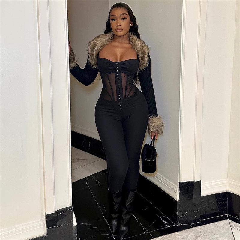 Весенний женский новый модный комбинезон на подтяжках, сексуальный с низким вырезом, прозрачный, облегающий