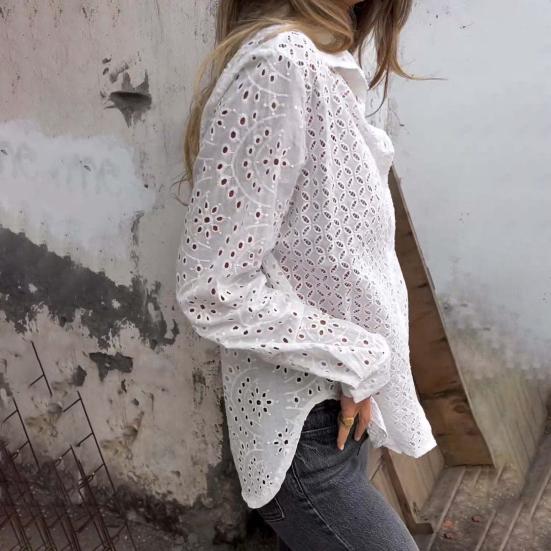 Women Shirt Lapel Long Sleeve Hollow Flower Pattern Shirt Tops Solid Color Loose Fit Single