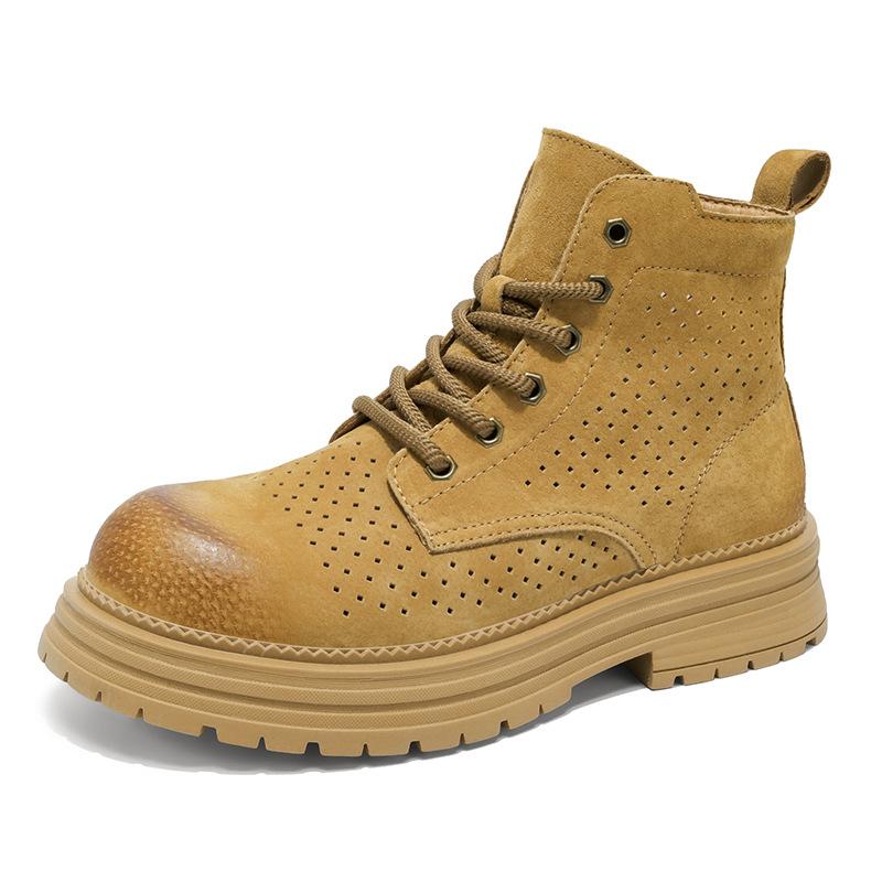 Autumn and Winter Men's High-top Thick-soled Tooling Short Boots Leather Surface Punching Breathable Big Yellow Boots Live Broadcast Outdoor Martin B