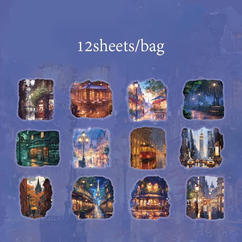 12 шт./пакет Набор ПЭТ-наклеек Романтичный Дождливый Сезон Вид из Окна Ночной Пейзаж Узор Атмосферные Наклейки DIY Конверт Подарок Декор