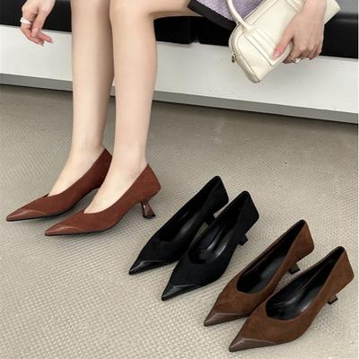 Весна и лето 2025 новая корейская версия модный темперамент замшевая вставка туфли на высоком каблуке с острым носком туфли-лодочки