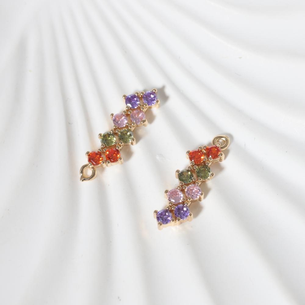 Multicolor Rainbow Round Zirconia Bar Copper Charms, Golden Plated Bright Pendants for DIY Earring Necklace Craft Making