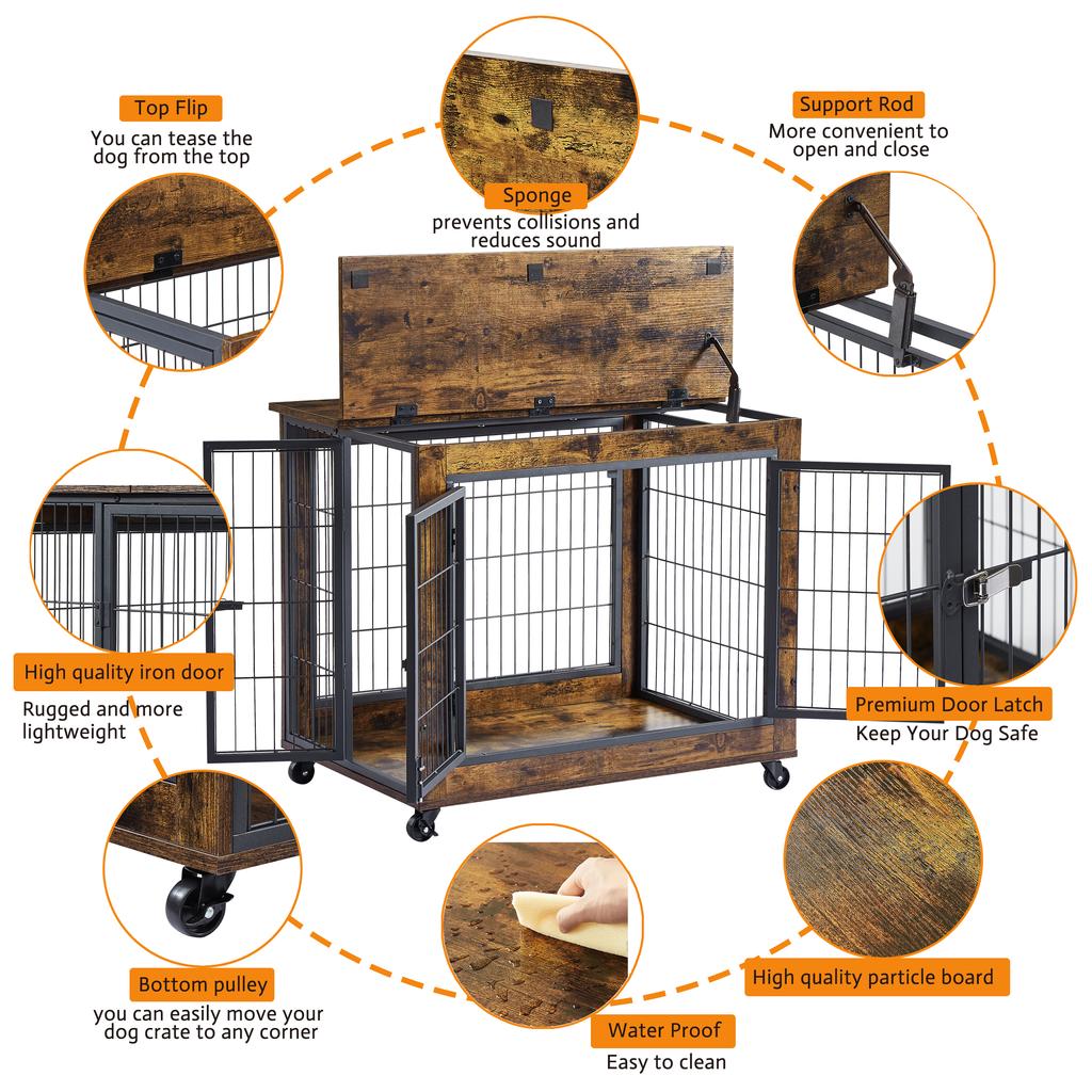 Dog Crate, Wooden Kennel Table with Double Door, Indoor Dog House with Hinged Roof, with Casters for Easy Mobility, Vintage Brown, 80*56*69.5cm