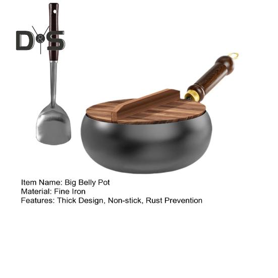 Чугунная сковорода вок 24 см с крышкой и лопаткой - Без покрытия, антипригарная для китайской кухни