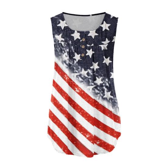 Women Vest Round Neck Buttons Half Placket Sleeveless Tank Tops US Flag Pattern Flowy Hem Camisole Daily Wear