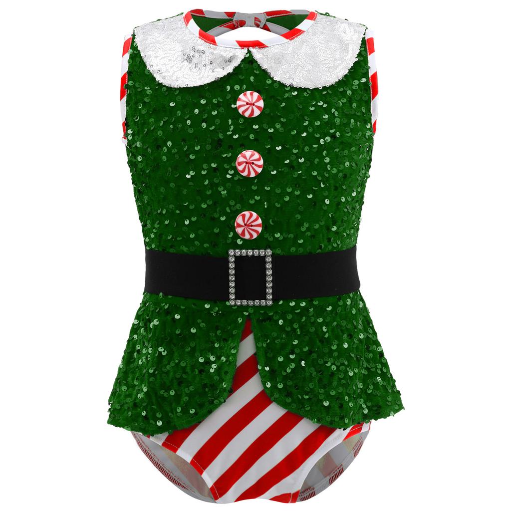 Kids Girls Christmas Santa Elf Costumes Candy Cane Striped Sequins Dance Leotard Xmas Skating Bodysuit