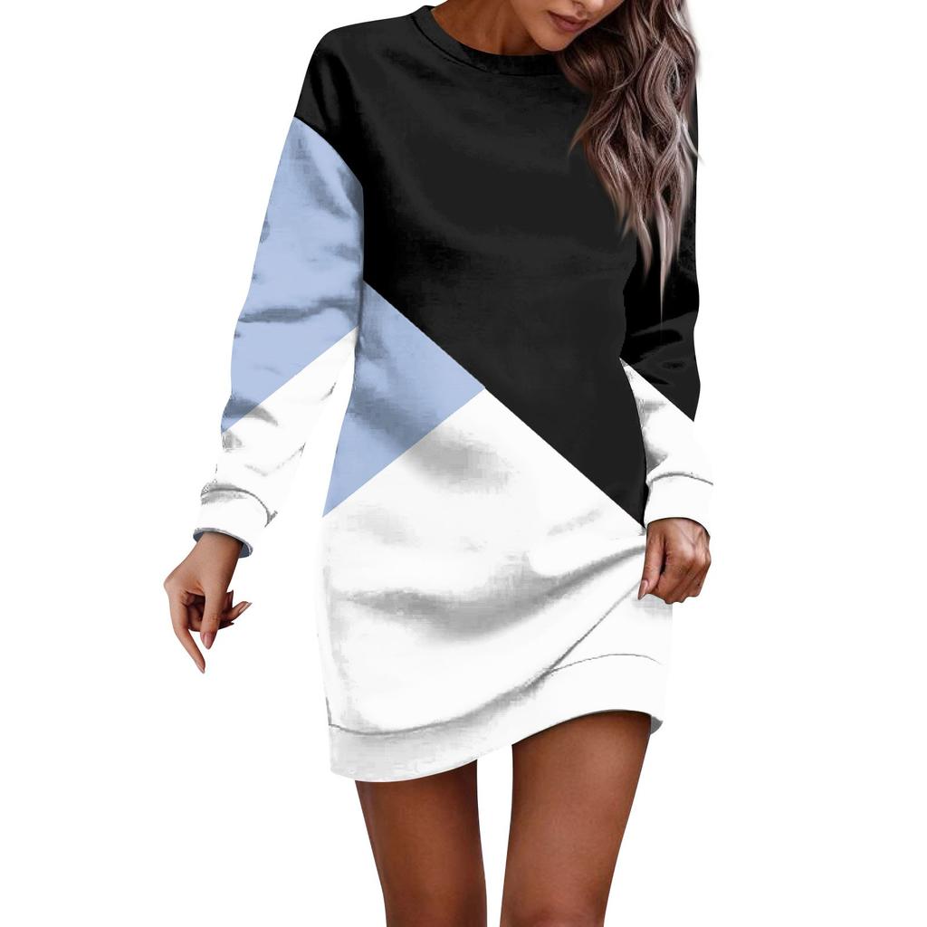 Женское платье с круглым вырезом и геометрическим узором в стиле пэчворк с длинными рукавами и бедрами, платья-толстовки