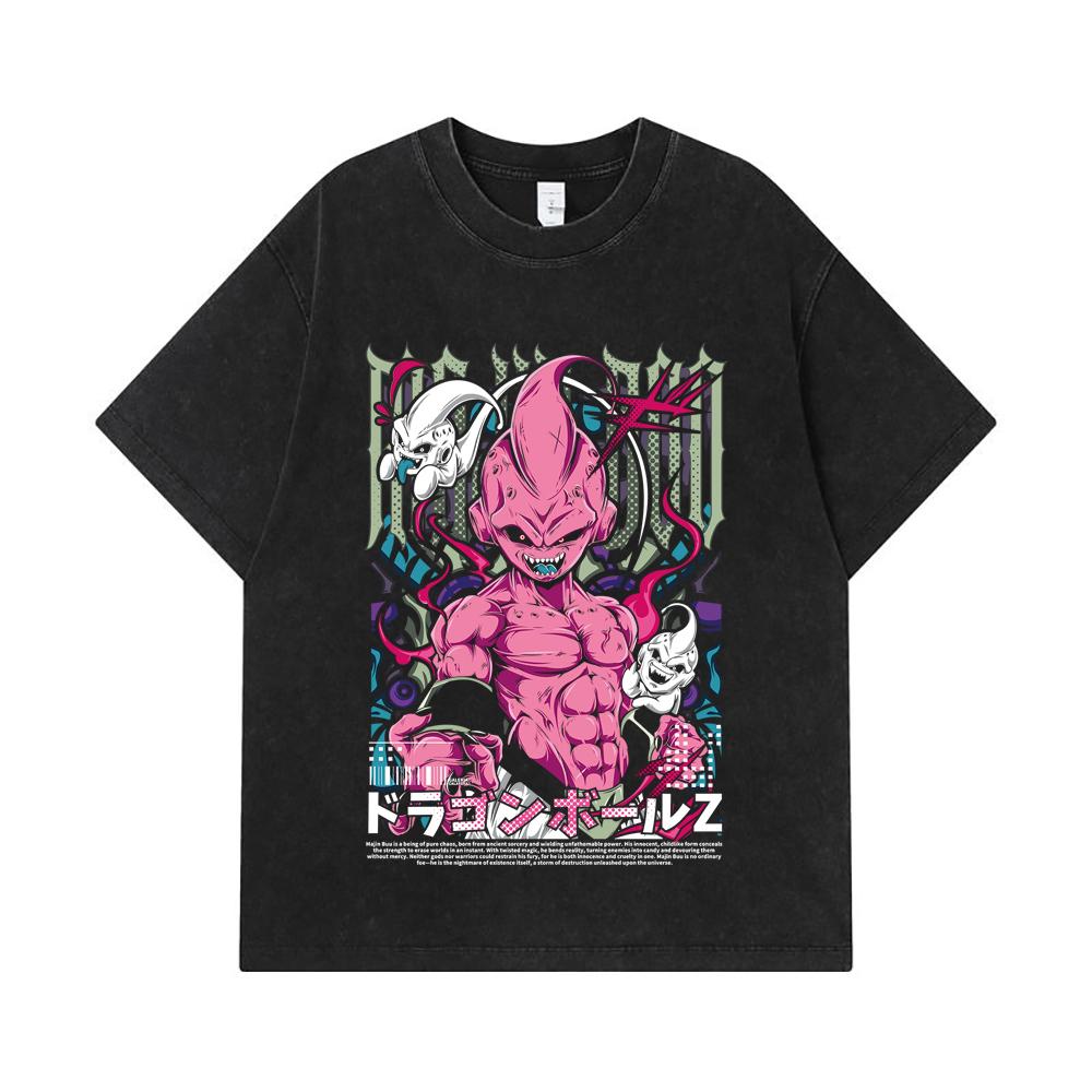 Стиранные футболки 275 г/м² 100% Хлопок Dragon Ball V67 Принт Majin Buu Унисекс Тяжелая хлопковая футболка