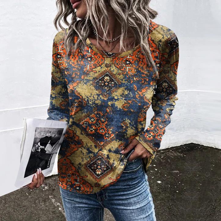 Весенне-осенний топ с круглым вырезом, цветочным узором и 3D-принтом, модный, повседневный, в стиле ретро, с длинными рукавами, женские футболки