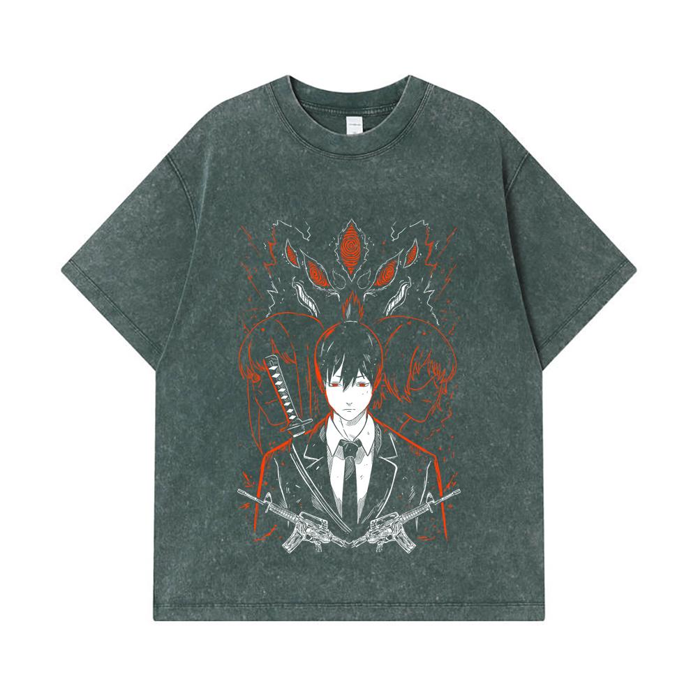 GSM Washed Tshirts  Cotton Chainsaw Man V Aki Print Unisex Heavy Cotton T Shirt