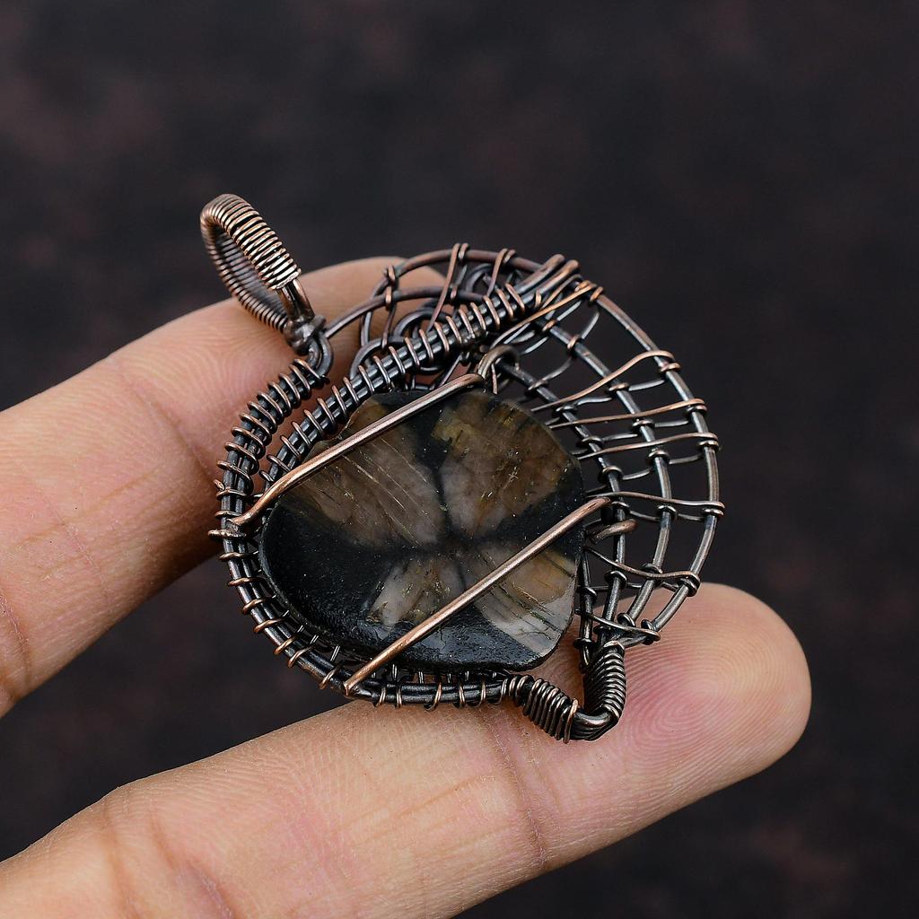 Подвеска с киастолитом, обернутая медной проволокой, подвеска ручной работы, украшения с киастолитом, украшения из медной проволоки, оригинальная подвеска с драгоценным камнем, свадебный подарок