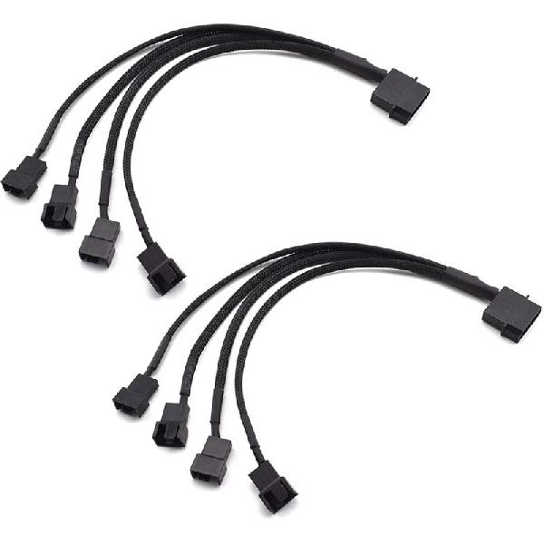 SDTC Tech PWM Fan Splitter Cable PC 4Pin 1 to 4 Ways Fan Power Extension Adapter Cable Black Sleeved Braided 4Pin Female to 4X 4Pin Male 27cm/10.5