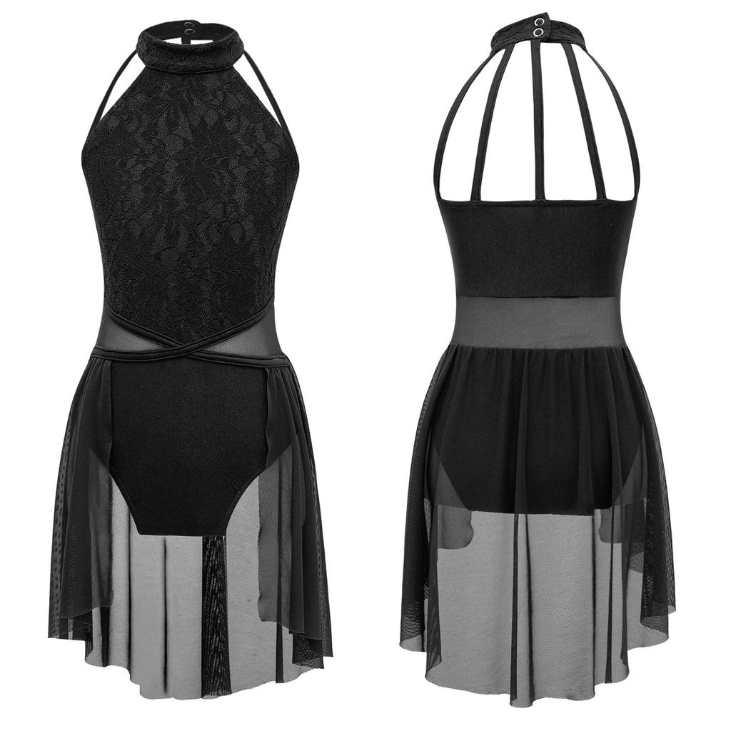 Девочки Кружевной Цветочный Танцевальный Купальник Без Рукавов Круглый Вырез Полая Спина Лоскутный Дизайн Неровный Подол Боди с Открытой Передней Частью