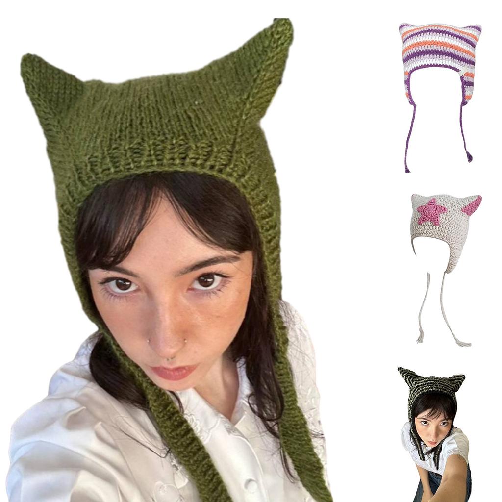 Cat Ear Beanie Hat for Women Harajuku Style Star/Stripe Skull Hat Handmade Crochet Hat Y2K Cool Girls Warm Headpieces