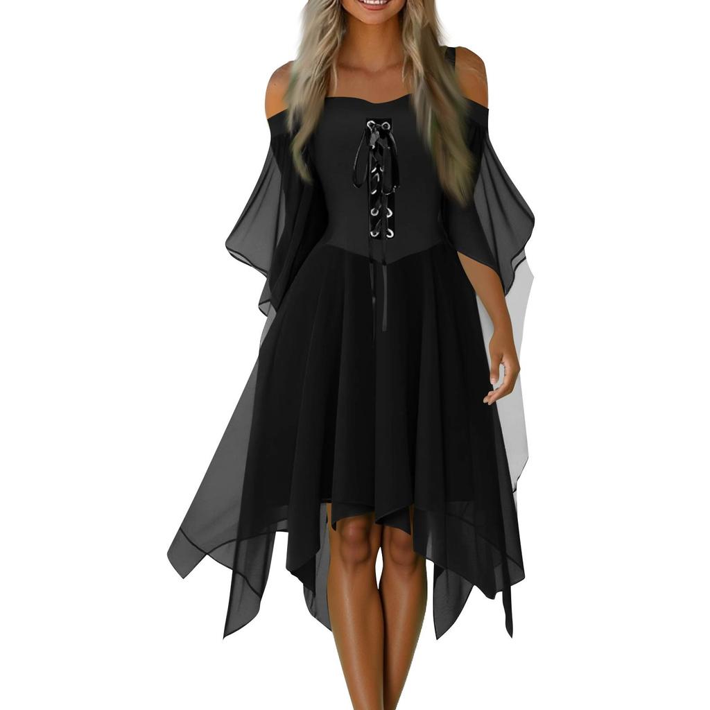 Women Casual Plus Size Cold Shoulder Dress Solid Color Chiffon Butterfly Sleeve Gothic Dress