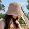 Women Summer Solid Color Woven Straw Bucket Sun Hat Foldable Wide Brim Hollow Breathable Sunscreen Beach Hat