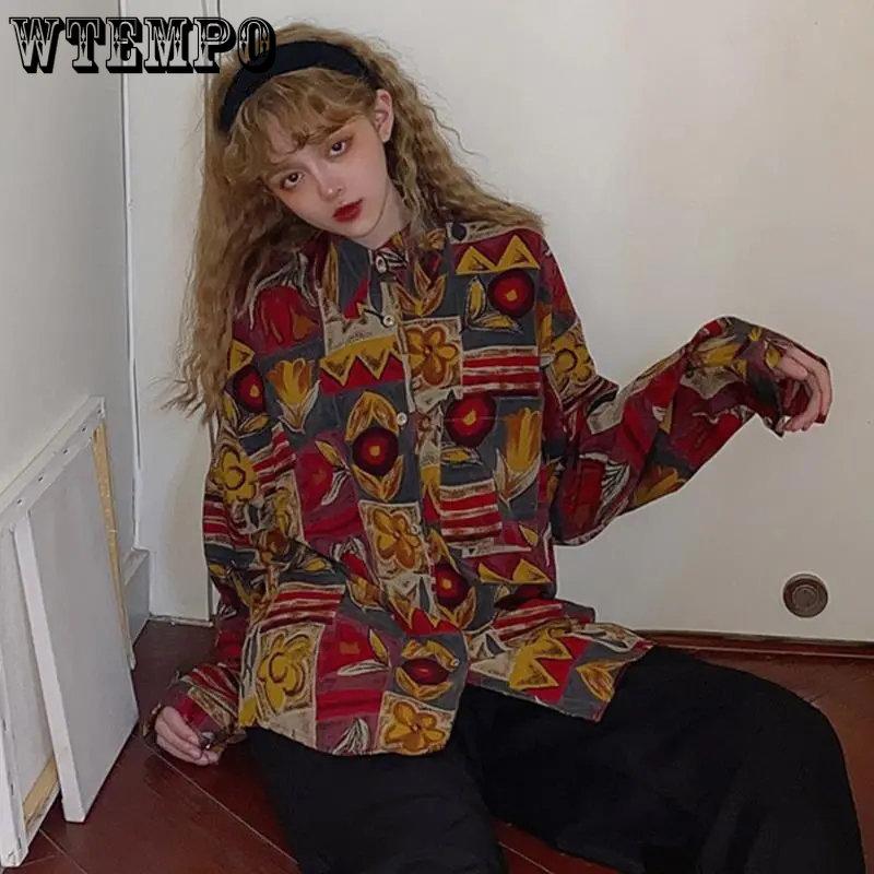 WTEMPO Винтажная блузка женская 90-х годов эстетические рубашки в стиле Харадзюку с длинным рукавом в стиле ретро женские свободные корейские топы с принтом уличная одежда
