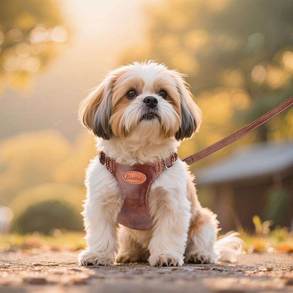 Cute Step-In PU Leather Dog Harness & Leash Set Adjustable Pet Puppy Walking Vest Lead for Small Medium Dogs